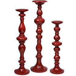 Set Of 3 Americana Country Fire Red Candle Holders