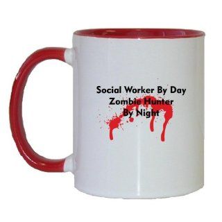 Mashed Mugs   Social Worker By Day Zombie Hunter By Night   Coffee Cup/Tea Mug (White/Red) Kitchen & Dining