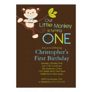 Cute Modern Monkey 1st Birthday Party Invitations