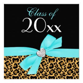 Leopard Print Teal Blue Bow Heart Graduation Party Personalized Invitations