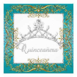 Quinceañera 15th Birthday Gold Teal Silver Tiara Custom Invitations