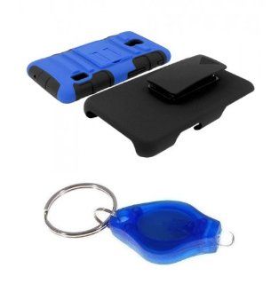 Blue and Black Dual Layer Hybrid Tuff Armor Kickstand Hard Gel Case + Swivel Belt Clip Holster + Atom LED Keychain Light for LG Optimus F6 Cell Phones & Accessories
