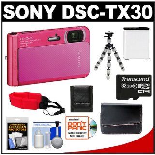 Sony Cyber Shot DSC TX30 Shock & Waterproof Digital Camera (Pink) with 32GB Card + Battery + Case + Floating Strap + Flex Tripod + Kit  Point And Shoot Digital Camera Bundles  Camera & Photo