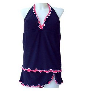 Profile By Gottex Full Figure Plus Size Halterkini and Skirted Bottoms Navy with Coral Trim Swimsuit Size 16 Plus  Other Products  