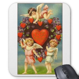 Vintage Valentine 3 Cupids And Red Hearts Mousepads