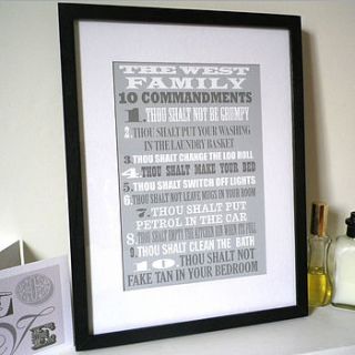 personalised family 10 commandments print by glyn west design