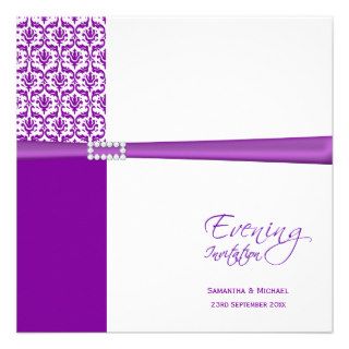Purple & White Damask Evening Wedding Invitations