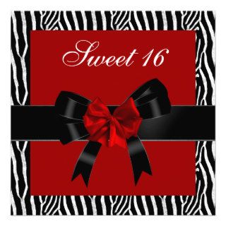 Sweet 16 Birthday Zebra Red Black White Bow Announcements