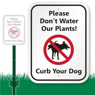 SmartSign Aluminum Sign, Legend "Please Don't Water Our Plants Curb Your Dog" with Graphic, 12" high x 9" wide sign plus 3' tall stake, Black/Red on White Yard Signs