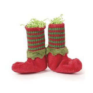 Red Elf Shaped Infant Slippers w/ Green & RED Striped Socks Christmas Slippers Baby