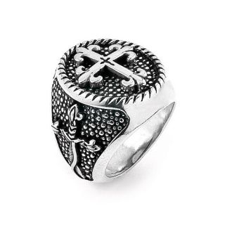 Twisted Blade Silver Round with Fleur De Lis Cross Center Ring
