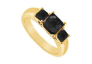 14K Yellow Gold Princess Prong Set Black Diamond Three Stone Ring 0.50 CT TDW LOVEBRIGHT Jewelry