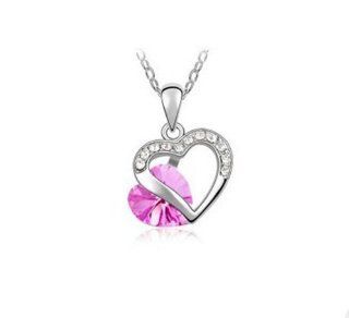 Bemaystar Rhodium Plated Charming Heart Shape With Pink Crystal Necklace Jewelry