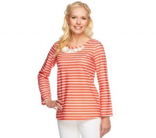 Susan Graver French Terry Striped Top with Neckline Embellishments —