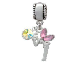 Small Silver Fairy with Pink Resin Wings Charm Bead with Clear AB Crystal Dangle Jewelry
