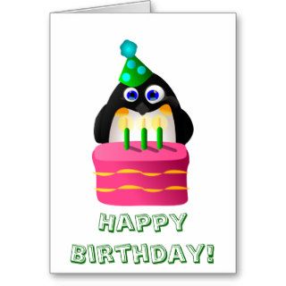 Pingüino del cumpleaños con la torta felicitaciones de