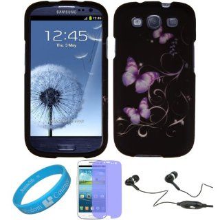 Black Purple Butterfly 2 piece Snap on Cover Shield Protector for Samsung Galaxy S III Android Smartphone (fits all Samsung Galaxy S3 models) + Clear Screen Protector + Black Hands free Headphones + SumacLife TM Wisdom Courage Wristband Cell Phones & 