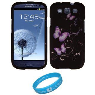 Black Purple Butterfly 2 piece Snap on Cover Shield Protector for Samsung Galaxy S III Android Smartphone (fits all Samsung Galaxy S3 models) + SumacLife TM Wisdom Courage Wristband Cell Phones & Accessories