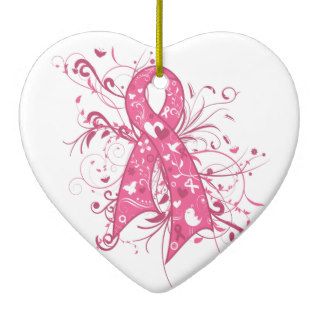 Breast Cancer Pink Floral Ribbon Swirl Christmas Ornaments
