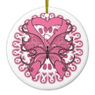 Butterfly Heart Ribbon   Breast Cancer Christmas Ornaments
