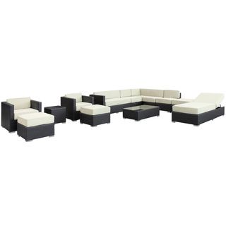 Fusion Outdoor Rattan 12 piece Set in Espresso with White Cushions Modway Sofas, Chairs & Sectionals