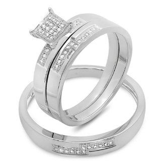 0.15 Carat (ctw) Sterling Silver Round White Diamond Men and Women's Micro Pave Engagement Ring Trio Bridal Set Wedding Ring Sets Jewelry
