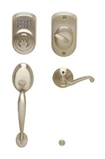 Schlage FE365 V PLY 619 FLA Plymouth Keypad Deadbolt with Plymouth Outer Grip and Flair Lever Interior, Satin Nickel   Door Handles  