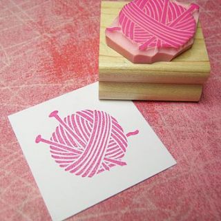 yarn and needles hand carved rubber stamp by skull and cross buns