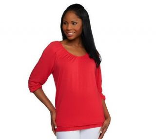 Susan Graver Rayon Spandex Ruched 3/4 Sleeve V neck Top —