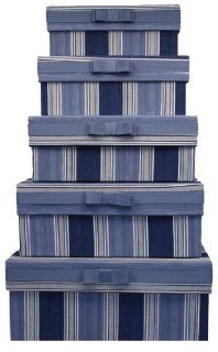 Waverly WVFCB5 S022 TB Fabric Covered Storage Boxes, Nested Set of 5, Spotswood Stripe Porcelain, 15 by 11 by 6 Inch   General Home Storage Containers
