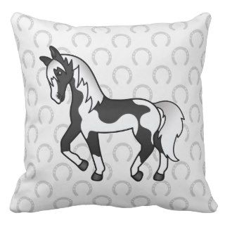 Black Pinto Trotting Cartoon Horse Throw Pillows
