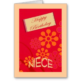 Birthday Niece, retro red flowers Greeting Card