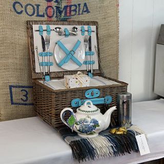 blue picnic hamper with portmeirion teapot by jones and jones of berwick upon tweed