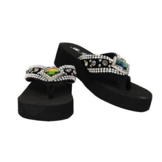 HUGE IRIDESCENT BLING Sz 9/10 Crystal & Rhinestone Wedge flip flop w/Diamond Brooch by Jersey Bling Fashion Flip Flops Shoes