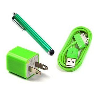 Bluecell Green Color Wall AC Charger with 3 Feet USB Sync Data Cable , Universial Touch Screen Stylus for iPhone 4/4S/3GS/iPod Cell Phones & Accessories