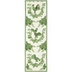 Hand hooked Hens Ivory/ Green Wool Rug (26 X 12)
