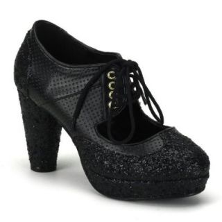 3 1/2 Inch Heel Glitter Oxford Shoes Cone Heel Mini Platform Lace Up Shoes Black Shoes