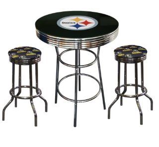 3 Piece Pittsburgh Steelers Logo Chrome Finish Black Pub Table with 2 Bar Stools   Home Bars