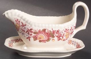 Spode Aster Red (Gadroon) Gravy Boat with Attached Underplate, Fine China Dinner