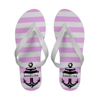 Custom Name Nautical Pink Stripes Flip Flops