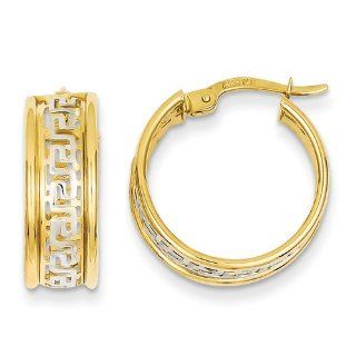 14k Yellow Gold & Rhodium Greek Key Hoop Earrings. Metal Wt  3.29g Jewelry