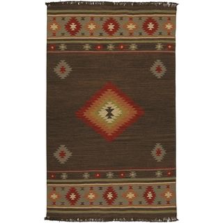 Hand woven Brown Southwestern Aztec Jewel Tone Wool Rug (2 X 3)