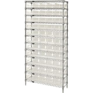 Quantum Storage Wire Shelving System with 55 Clear Bins — 12-Shelf Unit, 36in.W x 18in.D x 74in.H, Model# WR12-103CL  Single Side Bin Units