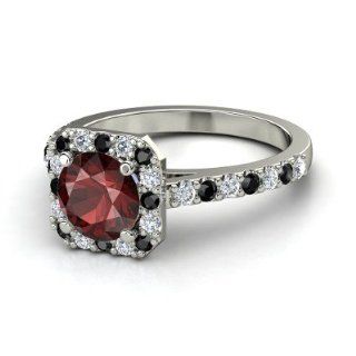 Adele Ring Round Red Garnet 14K White Gold Ring with Black Diamond & Diamond Jewelry