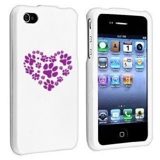 Apple iPhone 4 4S White Rubber Hard Case Snap on 2 piece Purple Heart Paw Prints Cell Phones & Accessories