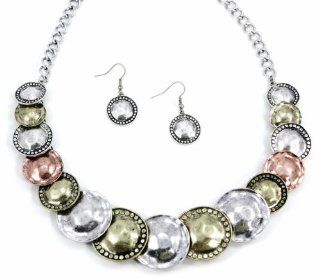Chelsea Hill Jewelry Set, 18" Tri Tone Silver Tone, Gold Tone, and Rose Gold Tone Hammered Disc Statement Necklace and Earrings Set Chelsea Hill Jewelry