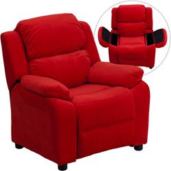 Deluxe Heavily Padded Contemporary Red Microfiber Kids Recliner With Storage Arms