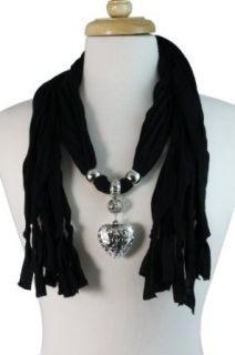 Silky Black Scarf with Adjustable Heart Jewel Embellishment Fashion Scarves
