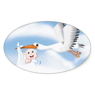 Stork carrying new born baby oval stickers