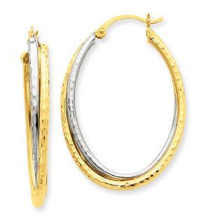 14k Two tone Diamond cut Polished Oval Hoop Earring Earring Sets Jewelry